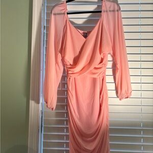 Pink Draped Long-Sleeve Midi Dress